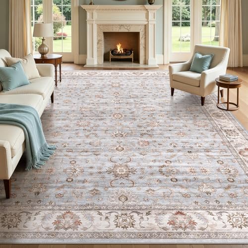 Washable Area Rug 10x12 Non-Slip Floral Carpet, Gray/Light Blue