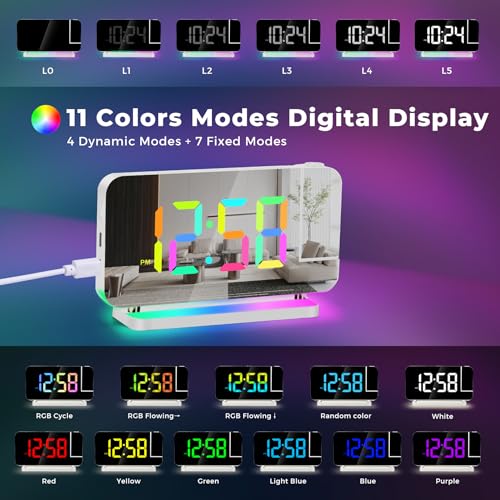 Projection Clock, 7.4" LED Mirror Digital Alarm Clocks, with RGB Night Light, 180° Rotatable Projector,USB C Charger Port, Auto Dimmer, Modern Desk Clock for Teens Girl Adults Bedroom - White