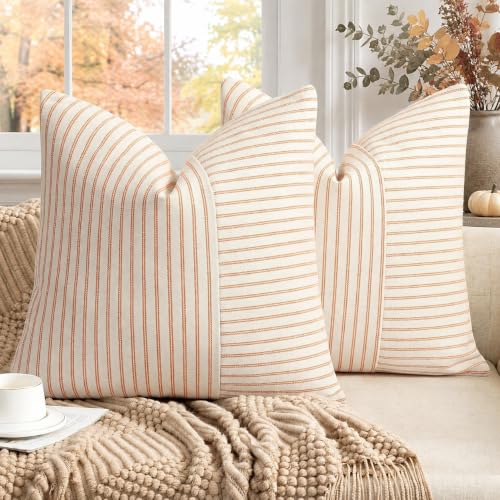 YCOLL Fall Euro Sham Pillow Covers 24x24, Modern Accent Throw Pillow Covers Set of 2, Burnt Orange Striped Patchwork Linen Decorative Pillows Cushion Covers for Bed Sofa Couch Living Room Home Decor