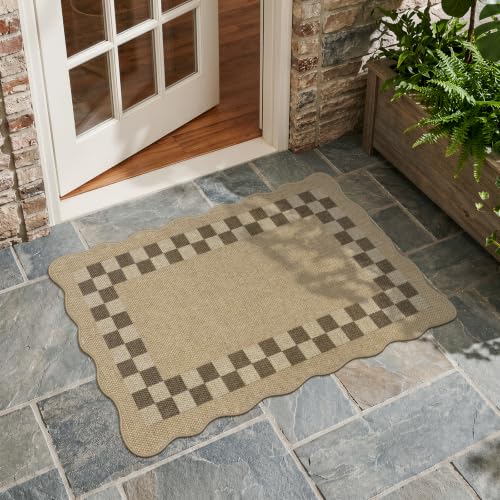 LIVEBOX Scalloped Easy Jute 2x3 Kitchen Rugs, Checkered Indoor Outdoor Rug Doormat, Front Door Mat Entryway Rug Washable Non Slip, Small Outdoor Mats Neutral Carpet for Porch Bathroom Doorway Entrance