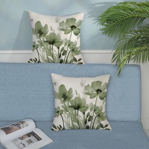Spring Floral Pillow Covers 18x18 Inches Set of 2,Sage Green Floral Throw Pillow Covers Outdoor Summer Flower Decoration Pillowcase Farmhouse Decorative Square Linen Cushion Cover For Home Sofa