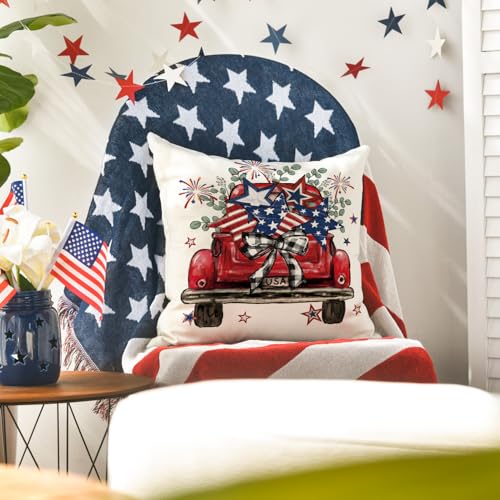 AVOIN colorlife Bless Our Home Eucalyptus Stars Fireworks Car Blue Throw Pillow Covers, 18 x 18 Inch 4th of July Patriotic Independence Memorial Day USA Flag Cushion Case for Sofa Couch Set of 4