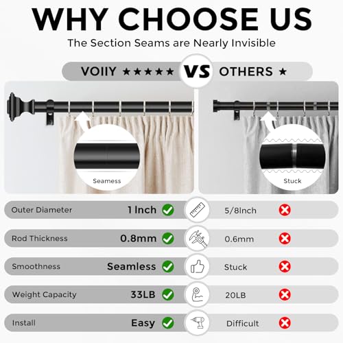 VOIIY Curtain Rods for Windows 48 to 84 Inch, Black 1 Inch Adjustable Decorative Curtain Rod, Modern Heavy Duty Window Treatment Rods, Single Splicing Metal Drapery Rod for Bedroom, Living Room