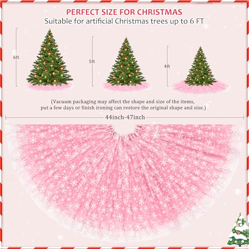 Christmas Wedding Tree Skirt, 4 Layer 47 in Snowflake Tulle Tree Decoration for Party Indoor, Fluffy Tree Cover Mat Ornament for Holiday, Pink