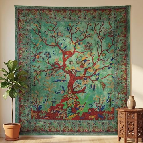 THE ART BOX Tapestry Green Tree of Life Wall Hanging – Indian Cotton Full Size Bedspread, Picnic Sheet, Wall Decor, Blanket, Wall Art for Bedroom (Full, 85x90 Inch)