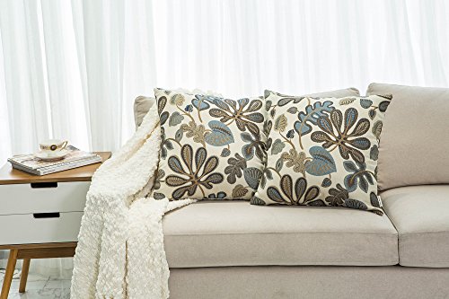 Mika Home Set of 2 Jacquard Tropical Leaf Pattern Throw Pillow Covers Decorative Pillowcase 20x20 Inches, Blue Cream