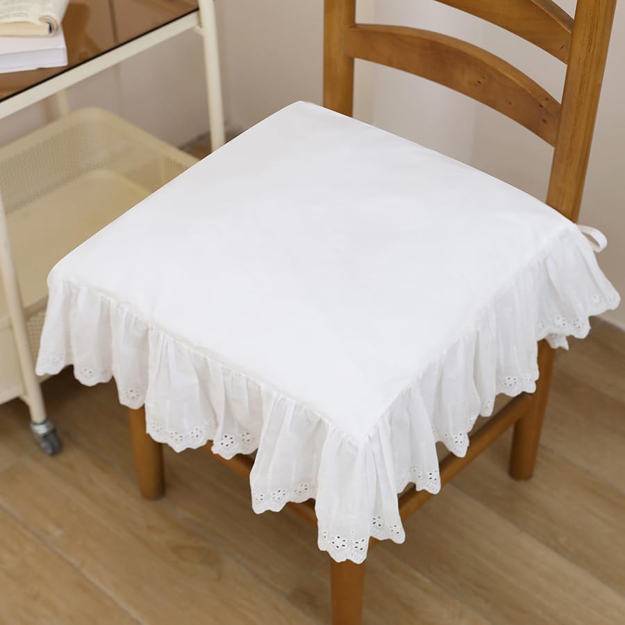 Farmhouse Ruffled Lace Chair Cover Set (1 Back Cover + 1 Seat Cover), White Dining Chair Protector with Lace Trim for Kitchen, Wedding Decor (18 Inch)