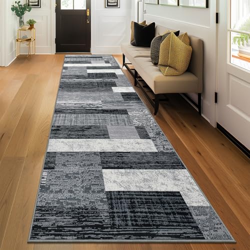 Indoor Washable Runner Rug with Rubber Backing, Modern Geometric Patchwork