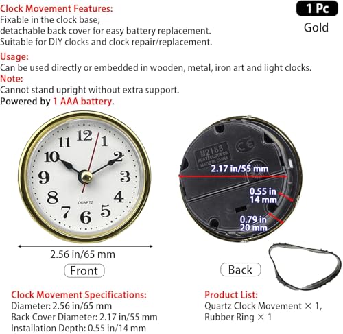 1 Pc Gold Mini 2-1/2 Insert Clock 65mm Round Movement Clock White Face Tone Arabic Numerals Head Mini Home Décor Product