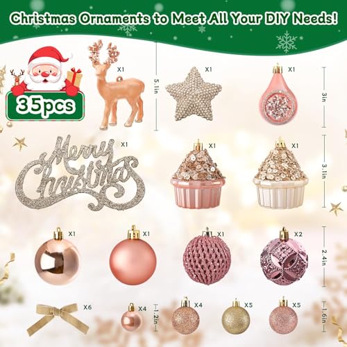 Livole 2 FT Small Christmas Tree, Mini Christmas Tree with Lights, Mini Tabletop Full Xmas Trees with 35 PCS Pink Ornaments, Merry Christmas, Xmas Tree for Table DIY Christmas Decor