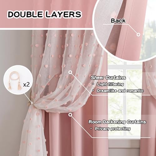 MYSKY HOME Pink Curtains for Girls Room 84 Inches Long 2 Panels Girls Curtains wiht Pink Pom Pom Sheer Blackout Nursery Curtain Room Darkening 2 Layered Window Drapes for Toddler Grommet, 52 x 84 Inch