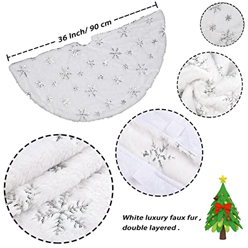 Faux Fur Christmas Tree Skirt,48 inches Large Luxury Tree Skirt with Sliver Snowflake Sequin, Christmas Decorations Holiday Thick Plush Tree Xmas Ornaments（White and Silver,48 Inch）
