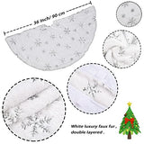 Faux Fur Christmas Tree Skirt,48 inches Large Luxury Tree Skirt with Sliver Snowflake Sequin, Christmas Decorations Holiday Thick Plush Tree Xmas Ornaments（White and Silver,48 Inch）
