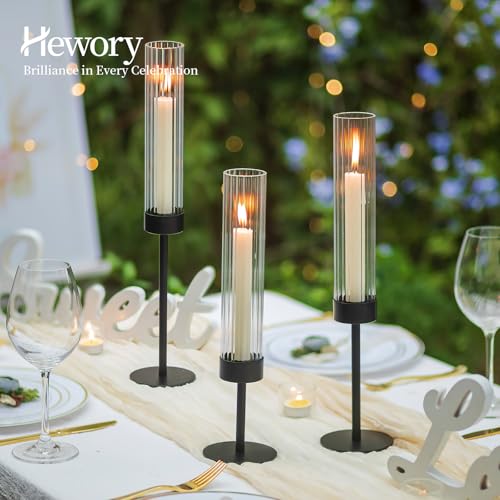Hewory Black Hurricane Candle Holders: 12 PCS Tall Taper Candlestick Candle Holders Bulk for Candlesticks Candle Sticks Holder Decor for Table Centerpiece Wedding Party Christmas Decorations