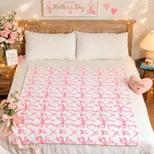 Pink Bow Throw Blanket –Spring Mother's Day Soft Fleece Blanket for Girls and Women, Coquette Aesthetic Room Decor for Bed, Couch, Chair, Preppy Bedroom or Gift, Cute Pink Bow Decor Blanket