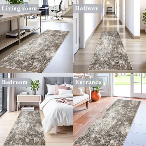 Washable 2x8 Kitchen Rug Runner – Non-Slip Stain-Resistant Soft Carpet Runner for Hallway Entryway Bedroom Bathroom, Modern Abstract Neutral Low-Pile Area Rug (Brown Beige,2x8)