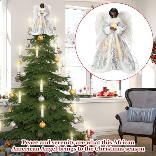 12.2'' Black Angel Christmas Tree Topper with Lights Standing African American Christmas Decorations Black Angel Figurines Treetop for Xmas Home Decor Winter Holiday(White,Cute Style)