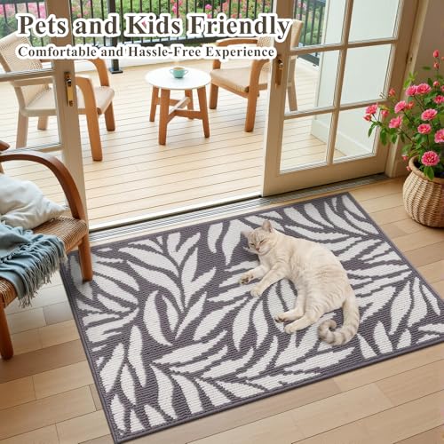 Indoor Door Mat 2x3ft, Absorbent Dog Muddy Paws Mats, Low-Profile Leaves Entrance Runner Carpet with Non-Slip Rubber Backing, Washable Inside Welcome Mat for Hallway,Entryway,Kitchen(Grey)