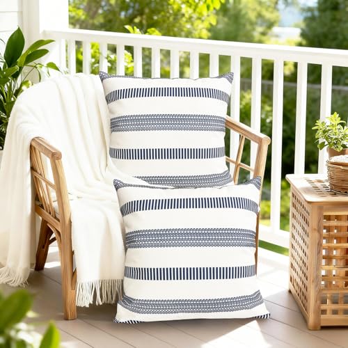 Decorative Throw Pillow Covers Set of 2 Blue Boho Striped Pillow Covers 18x18 Inch Throw Pillow Cover Linen Pillowcase Farmhouse Outdoor Pillow Covers for Couch Sofa Bed Living Room