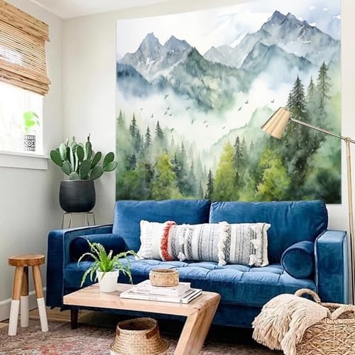 Atrippy Forest Nature Tapestry for Bedroom, Green Misty Foggy Mountain Sage Trees Wall Tapestry, Landscape Aesthetic Room Decor Wall Hanging for Living Room Dorm 51x60 Inches