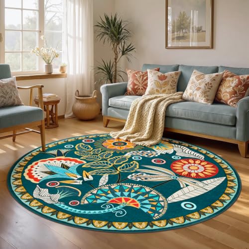 Joydeco Egypt Floral 5FT Round Rug, Washable Circle Bedroom Playroom Rug