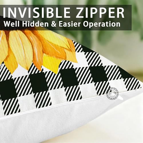 pinata Summer Spring Pillow Covers 18x18 Set of 4, Sunflower Decor Outdoor Pillows Cover, Sunshine Black Plaid for Farmhouse Sofa Couch Indoor Home Throw Case(No Insert)