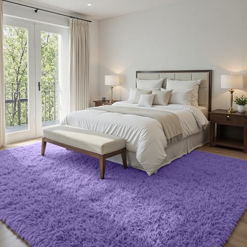 5x7 Fluffy Shag Area Rugs for Living Room Bedroom: Soft Plush Carpet Purple