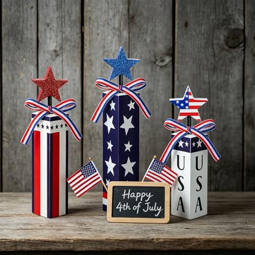 3 Pcs Patriotic Wooden Table Decor, 4th of July Tiered Tray Decor, Red White Blue Star Firework Centerpieces, USA Flag Wooden Blocks for Independence Day Memorial Day Home Decor