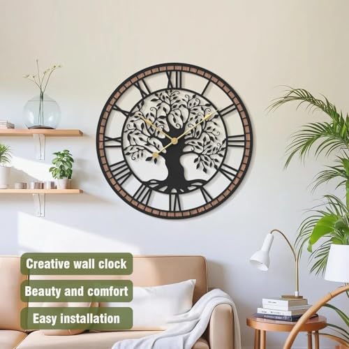 Micasso Wall Clocks Battery Operated: 21Inch Farmhouse Tree of Life Metal with Wood Frame - Rustic Roman Numerals Clock for Bedroom/Home Office/Living Room - Home Decor for Trendy Fashionistas