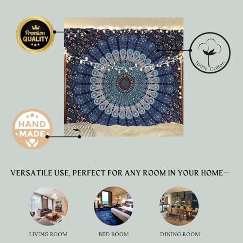 Bless International Handmade Indian hippie Bohemian Psychedelic Peacock Mandala Wall hanging College Dorm Beach Throws Table Cloth Bedding Tapestry (Blue Green, Medium(54x60Inches)(137x152cms))