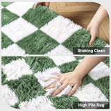 Area Rugs for Bedroom Living Room,4x6 Green and White Fluffy Soft Checkered Rug Fuzzy Shag Shaggy Carpet,Indoor Plush Floor Rugs for Teen Dorm Home Decor