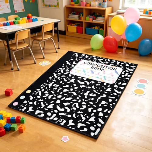 3.3 x 4 ft Large Classroom Rug Composition Notebook Educational Area Rug Back to School Soft Fluffy Pastel Play Carpet Washable Non-Slip Learning Floor Mat for Reading Calming Corner Nursery Playroom