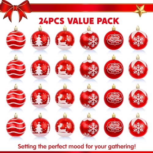 Joiedomi 24 Pcs 2.3” Red & White Christmas Ball Ornaments, Shatterproof Plastic Christmas Tree Ornaments, Hanging Decor for Wreath Garland Party Weddings Holidays