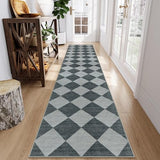 Checkered Rug Runner for Hallways 2.5x12, Kitchen Runner Rugs Non Skid Washable Ultra Thin, Moroccan Extra Long Carpet for Bathroom Decor, Modern Plaid Carpet for Kitchen (Blue/Grey)