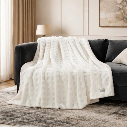 Cozy Bliss Ultrasoft Waffle Throw Blanket, Fluffy Cute Plush Blanket for Couch, Bed, Modern Home Accent, Portable for Picnic or Outdoor, Ivory, 50"x60"