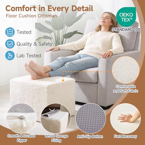 Tiita Square Stuffed Pouf Ottoman, Plush Poufs with Foam Chunk Filling, Foot Rest Stool for Living Room, Cream