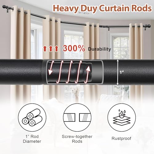 Bay Window Curtain Rods, 1 Inch Heavy Duty Metal U Shaped Corner Curtain Rod, 59-184” Adjustable Curved Curtain Rod for Bay Window Black