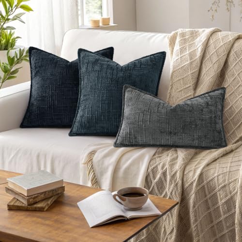 decorUhome Chenille Throw Pillow Covers 20x20 Set of 2, Midnight Blue