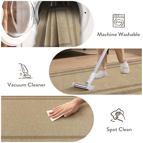 LIVEBOX Scalloped Easy Jute 2x5 Runner Kitchen Rug, Washable Non Slip Tan Rugs for Entryway Hallway, Indoor Outdoor Rug Geometric Farmhouse Carpet Door Mat Runners for Porch Bedroom Laundry Room