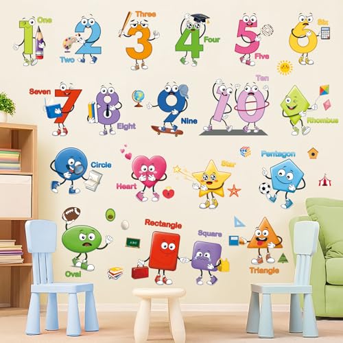 decalmile Colorful Shapes Numbers Wall Decals Educational Learning Geometry Wall Stickers Kids Toddler Room Preschool Classroom Daycare Wall Decor