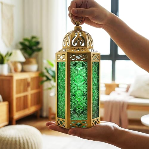Vela Lanterns Decorative Indoor Moroccan Candle Holder, Gold Green, M