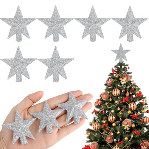 FOIMAS Mini Christmas Tree Topper Star,6pcs Glitter Christmas Tree Topper for Small Christmas Tree Craft Home Decoration,Silver