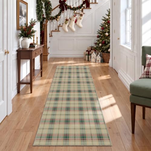 Green Christmas Runner Rug 2x5, Washable Rug for Hallway, Checkered Plaid