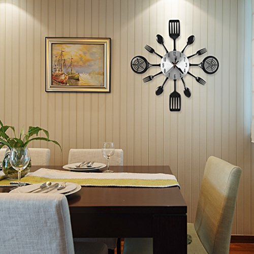 16 Inch Cutlery Kitchen Wall Clock - Silent Non-Ticking, Battery Operated, Fork & Spoon Design for Home, Dining Room Decor, for Mom, Wife, Cooking Lovers