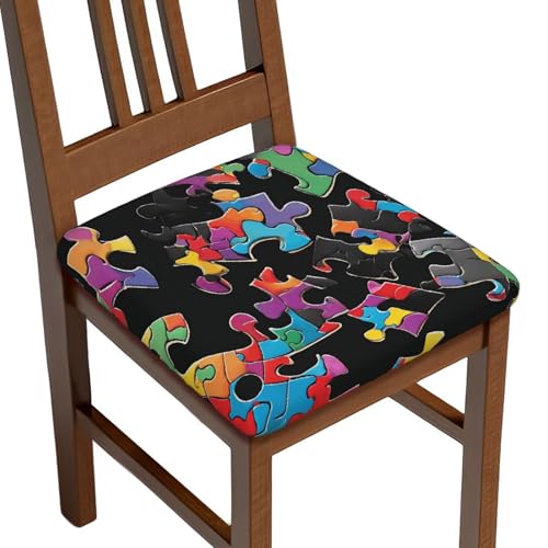 (Autism Awareness Puzzle Pieces Heart) Stretch Seat Covers Set of 4 for Dining Room Chairs Elastic Chair Cushion Slipcovers for Kitchen Office
