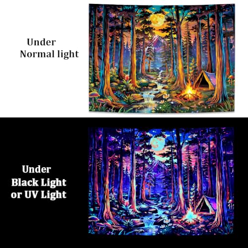 Racunbula Blacklight Fantasy Forest Tapestry UV Reactive Galaxy Space Moon Tapestry Trippy Pine Trees Wall Tapestries Nature Landscape Mountain River Tapestries Wall Hanging for Bedroom