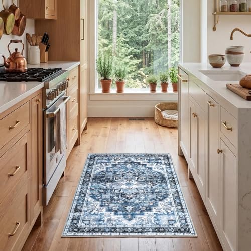 GarveeHome Washable Rug 2x3 Vintage Small Entryway Rugs Blue