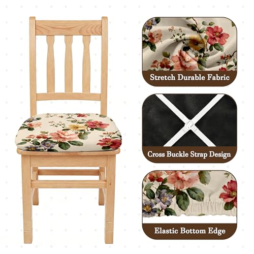BVBOX Seat Covers Set of 4 for Dining Room Chairs Stretch Retro Flowers Style Dining Chair Covers Washable Removable Cushion Slipcovers Seat Protector (Spring Garden Floral, Set of 4)
