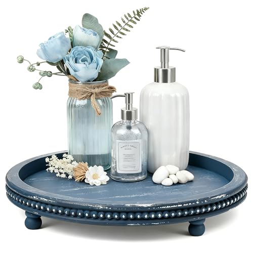 Handmade 12 Inch Decorative Tray, Small Beaded Tray Coffee Table Decor, Blue Decorative Display Risers for Cof