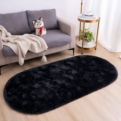 Goideal Fluffy Bedroom Rug, Small Oval Area Rugs, Black Shag Bedside Carpet for Kids Room Nursery Dorm Cute Fuzzy Indoor Decor for Boy and Girl, 2.6 x 5.3 Feet